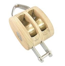 Poulie double + ringot en teck ou frêne verni pour bateau