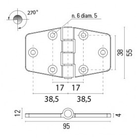 Brass chromed locker hinge 95x55x4mm