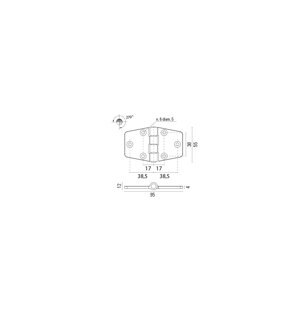 Charnière trapézoïdale en laiton chromé 95x55x4mm