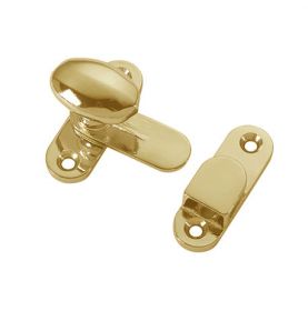Small brass hinged latch with olive-shaped handle